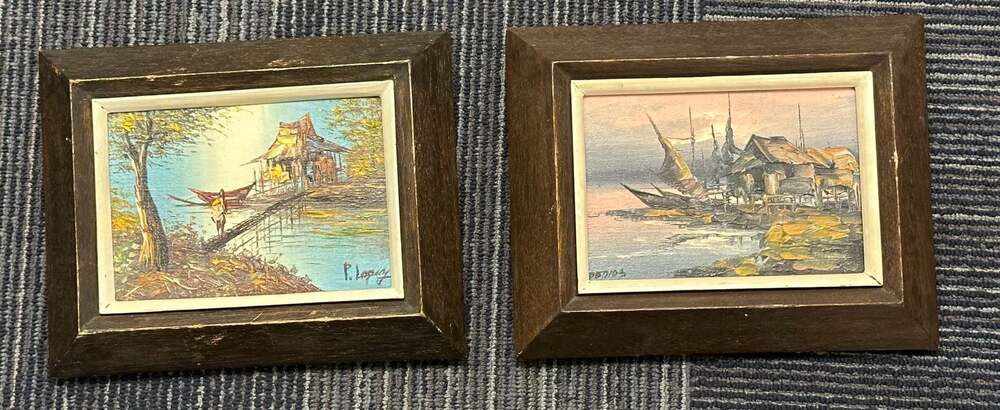 Set of 2 Vintage Signed Coastal Scene Oil Paintings on Canvas in Wood Frames